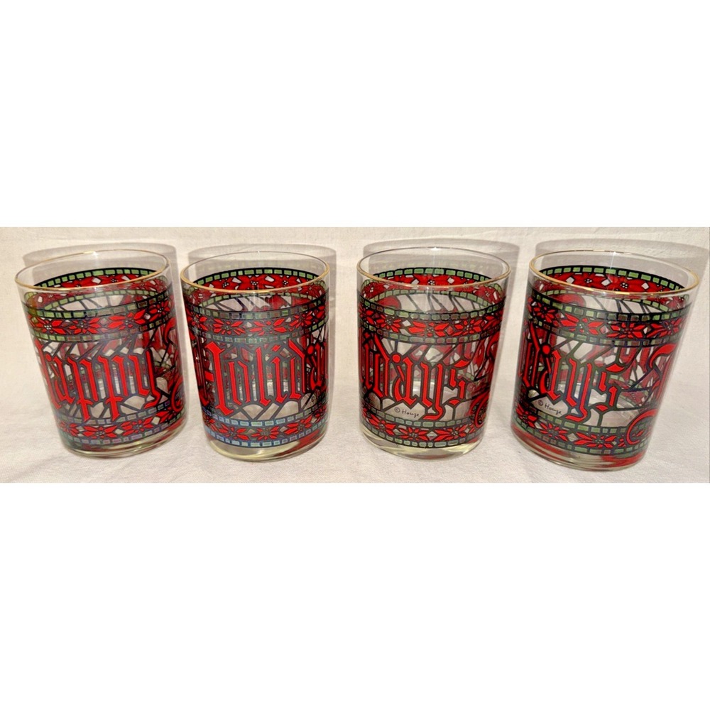 Vintage Houze Glass Happy Holidays Tumblers Set 4 MCM Red Black Barware